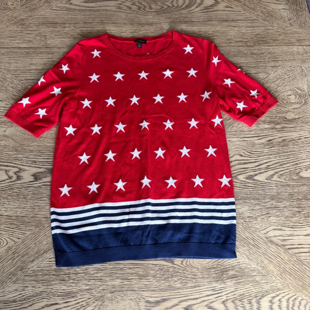 Talbots Womens Red Stars and Stripes Short Sleeve Sweater Patriotic Americana M